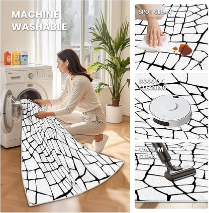 Black and White Area Rug, Abstract Rug 7x10, Contemporary Minimalist Rugs, Geometric Cracks Area Rugs, Modern Geometric Carpet for Living Room, Washable Non Slip Home Decor Mat