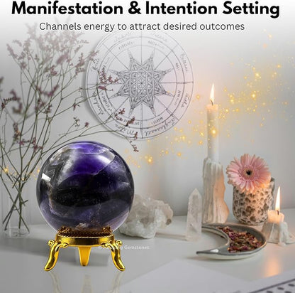 Amazing Gemstone Amethyst Chevron Crystal Ball with Stand - 1.5" Inches Crystal Sphere Meditation Balls for Witchcraft and Decorative Balls