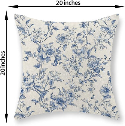 Blue Pillow Covers 20x20 Set of 2 Blue and Cream Floral Chinoiserie Throw Pillows Vintage Rustic Toile Flower Decorative Pillow Cases Outdoor Chinoiserie Decor Cushion Case for Couch Bed Sofa