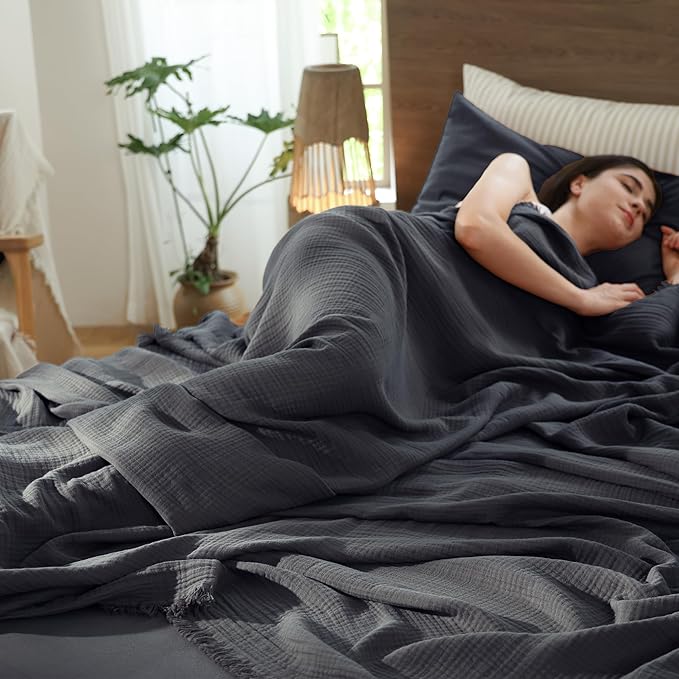 MooMee Muslin Blanket - 100% Cotton 4-Layer Gauze Throw Blanket with All-Around Fringe, Ultra-Soft Breathable Lightweight Cooling Decorative for Bed, Sofa & Couch (Dark Grey,Throw XL 50" x 70")