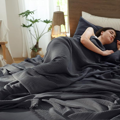 MooMee Muslin Blanket - 100% Cotton 4-Layer Gauze Throw Blanket with All-Around Fringe, Ultra-Soft Breathable Lightweight Cooling Decorative for Bed, Sofa & Couch (Dark Grey,Twin XL 66" x 90")