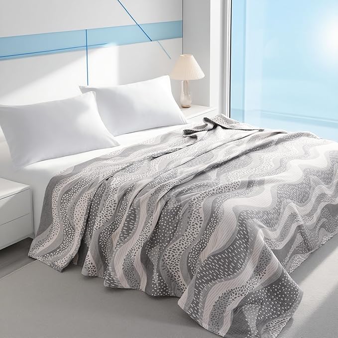 NTBAY 3 Layers Cotton Muslin 88x92 Queen Bed Blanket, Super Soft Breathable Thermal Yarn Dyed Quilt for Adults, Perfect Lightweight Blanket for Couch Sofa Bed All Seasons, Grey Wheat Waves