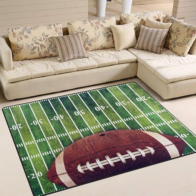 American Football Green Grass Field Kids Rugs, Cartoon Print Art Home Decor Rug, Easy Clean Carpet Washable Indoor Non-Slip Rug for Boys and Girls Nursery Bed Living Room Carpets Decor,3 x 4ft