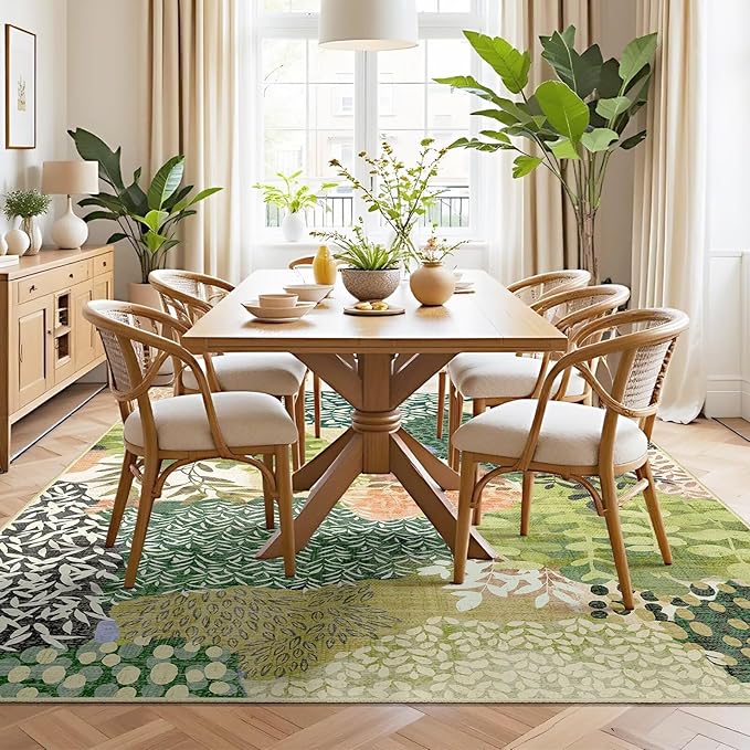 DEXDE Washable Area Rugs 6x9 for Living Room, Floral Large Rug Boho Print Vintage Low Pile Non Slip Carpet for Bedroom Kids Room Nursery Office Dinning Room,Green