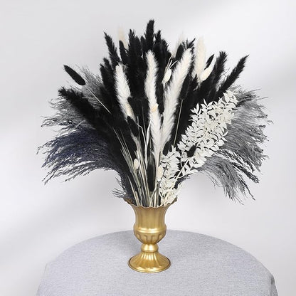 102PCS Black Pampas Grass Decor, Grey White Natural Dried Pampas Grass Bulk, Boho Home Decor Bouquet, Black and White Dried Flowers Decor, Wedding Floral Arrangements Table Vases Modern Decorations