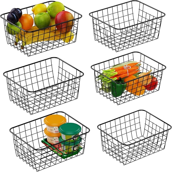 iSPECLE Wire Baskets, 6 Pack Small Pantry Organizers Wire Storage Baskets with Handles, Sorting Storage Easy Access Durable Wire Basket for Pantry, Black