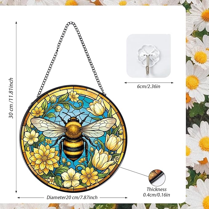 Rngmsi Bee Stained Glass Window Hanging, 7.8″ Flower Sun Catchers with Hook Indoor Window Decor, Decorative Suncatchers Hanging Ornaments Home Garden Art Gift for Housewarming