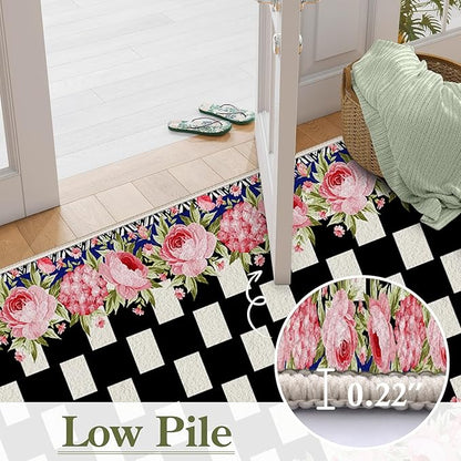 Checkered Floral Design Runner Rug for Entryway, 2x7ft, Pink Rose Luxury Fall Decor Area Carpets for Bedroom, Absorbent Machine Washable Shed Resistant Non-Slip Throw Rugs for Entry