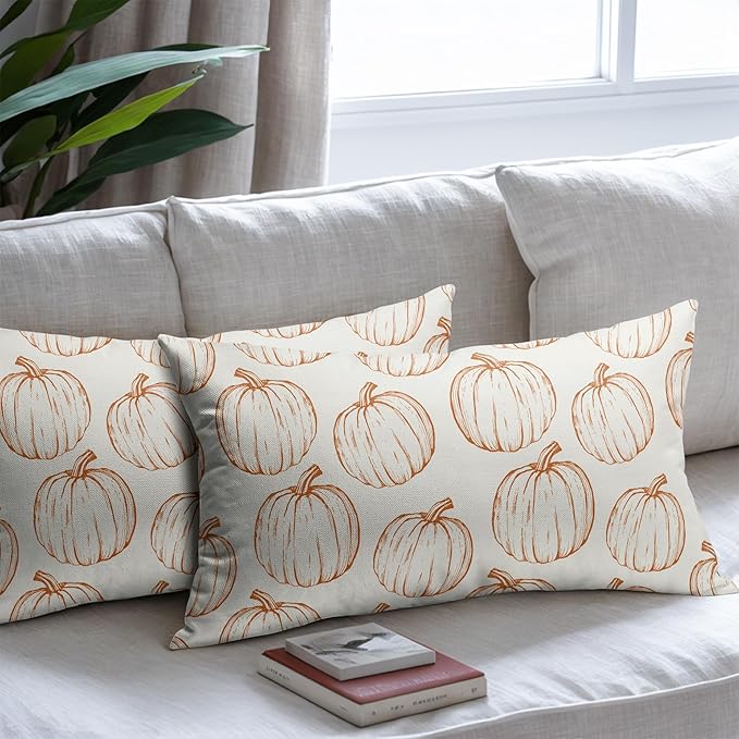 Fall Pillow Covers 12x20 Set of 2 Decorations Orange Pumpkin Throw Pillow Covers Decorative Thanksgiving Pillow Case Farmhouse Rustic Pillowcases Vintage Cozy Soft Autumn for Sofa Bed Home Decor