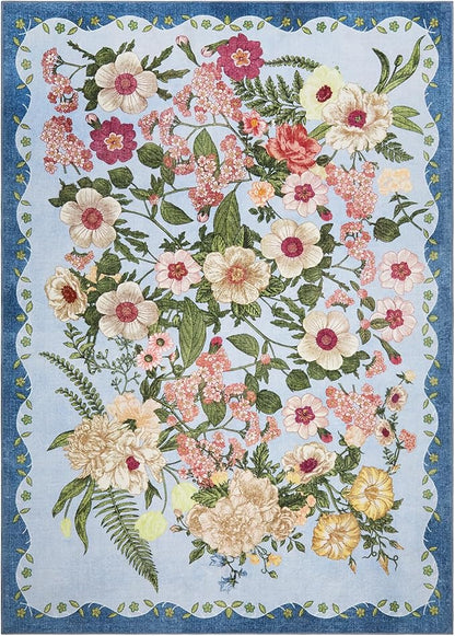 Floral Washable 5x7 Area Rugs - Living Room Rug Non Slip Low Pile Stain Resistant Carpets Indoor Vintage Flower Print Rug for Bedroom Dining Room Kitchen Home Office, Blue