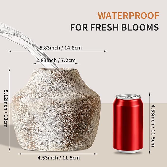 Ceramic Rustic Flower Vase, 5.12 Inch Pottery Modern Vase for Shelf, Tabletop, Vintage Farmhouse Home Decor for Coffee Table, Living Room, Mantle, Fireplace, Entryway