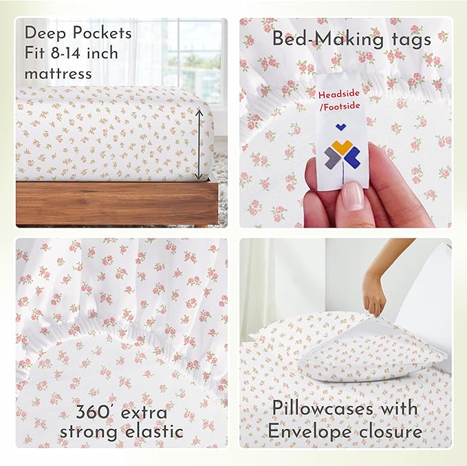 California Design Den Floral Pattern Bed Sheet Set Queen Size, 100% Cotton Sateen Deep Pocket Queen Sheets & Pillowcase Set - Chic Floral
