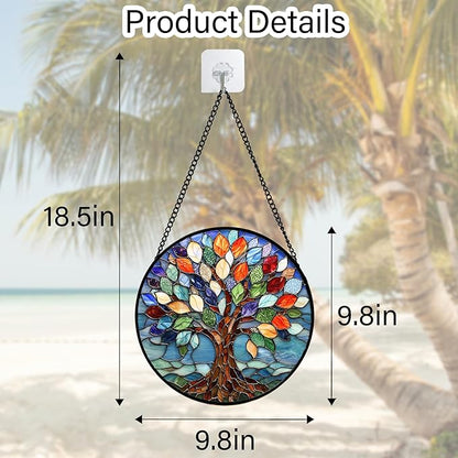 DASTOLL Stained Glass Window Hanging, Colorful Tree of Life Sun Catchers Glass Panel Blue Suncatcher Decor for Birthday for Women, Men, Wife, Aunt, and Mom 9.8 in