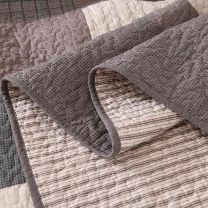EWlinens 100% Cotton 120"x128" Oversized California King Bedspread, Farmhouse Extra Large Quilts King Size, All Season Patchwork Plaid Striped Quilt Bedding Set, 3pcs, Chocolate Malt/Brown/Black/Beige