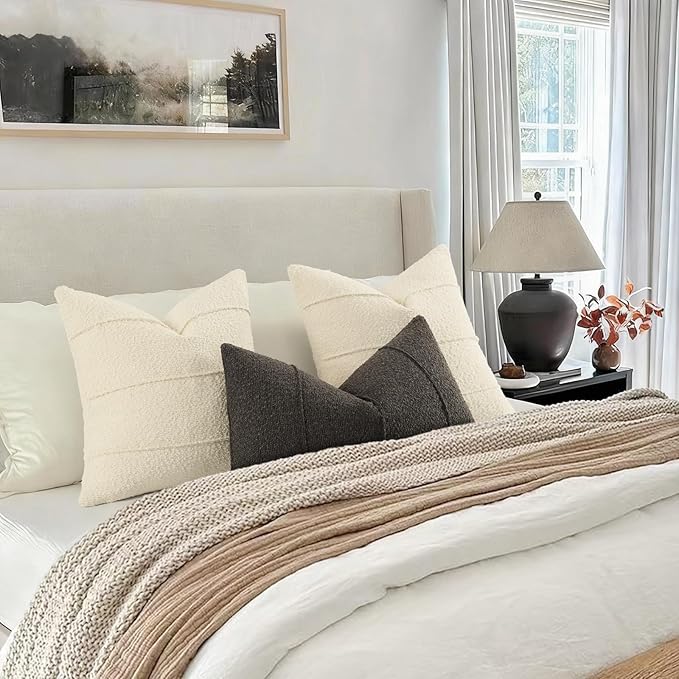 YCOLL Textured Boucle Throw Pillow Covers 20x20 Pack of 2 - Soft Neutral Striped Cushion Covers, Cozy Accent Decorative Pillow Covers for Couch, Sofa, Bed, Living Room (Cream)