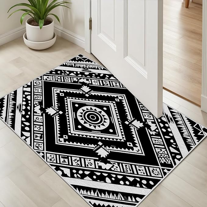 Area Rugs for Living Room 3x5, Moroccan Washable Low Pile Rug, Boho Neutral Farmhouse Ultra Soft Carpet for Bedroom Dining Room Home Decor, Geometric Print Tribal Carpets Black and White