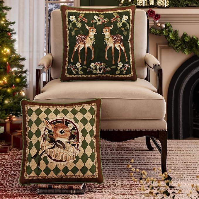 Grandmillennial Holly Deer Green Pillow Cover, Velvet Euro Sham Covers Decorative Throw Pillow Covers 18x18 for Couch Sofa Bed Living Room, Christmas & Holiday