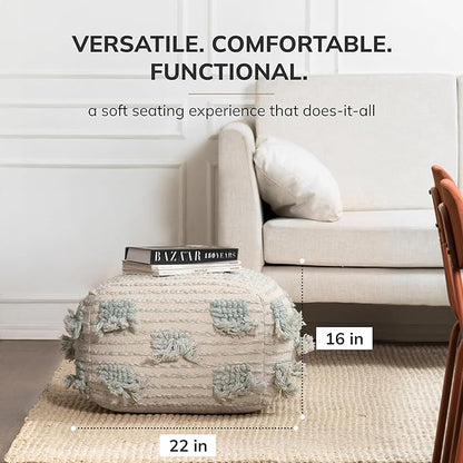 Anji Mountain 100% Handmade & Handcrafted Comfortable Home Décor Pouf Ottoman Footrest for Living Room, Bedroom, Nursery, Kidsroom, Patio Furniture - (22" x 22" x 16"- Green,Beige)