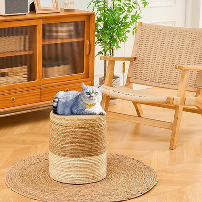Wimarsbon Round Pouf Ottomans, Handwoven Natural Water Hyacinth Seagrass Pouffe,Outdoor Rattan Stool Accent Seat, Bohemian Coastal Home Decor (Storage - 14inch Natural Cattail & White Corn Shell)