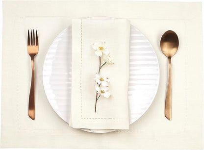 D'Moksha Homes Linen Placemats Set of 4 - Classic Hemstitch Ivory Placemats 14 x 19 Inch - 100% Pure Linen Table Mats for Valentines, Holiday, New Year - Handcrafted and Machine Washable