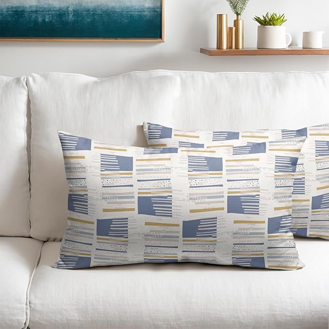 Blue Yellow Striped Lumbar Pillow Covers 12x20 Set of 2 Beige Pattern Neutral Decorative Outdoor Boho Pillowcases with Zipper Rustic Farmhouse Decorations Throw Cushion Cover Decor for Couch Sofa Bed