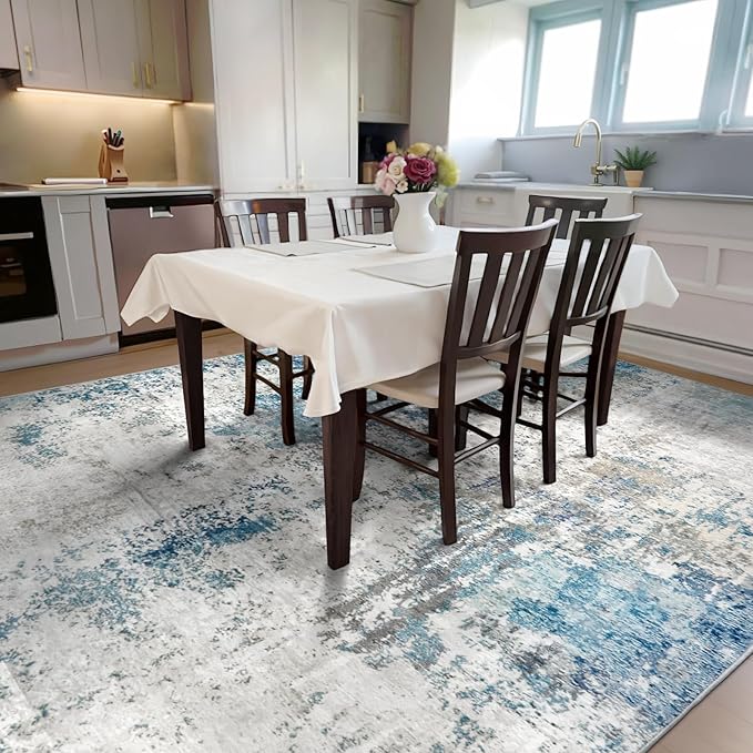 Washable Area Rugs for Living Room 8x10 - Large Neutral Modern Abstract Rug, Soft Low Pile Carpet with Non Slip Backing for Under Dining Room Table, Bedroom, Home, Office, Dorm - Blue Gray