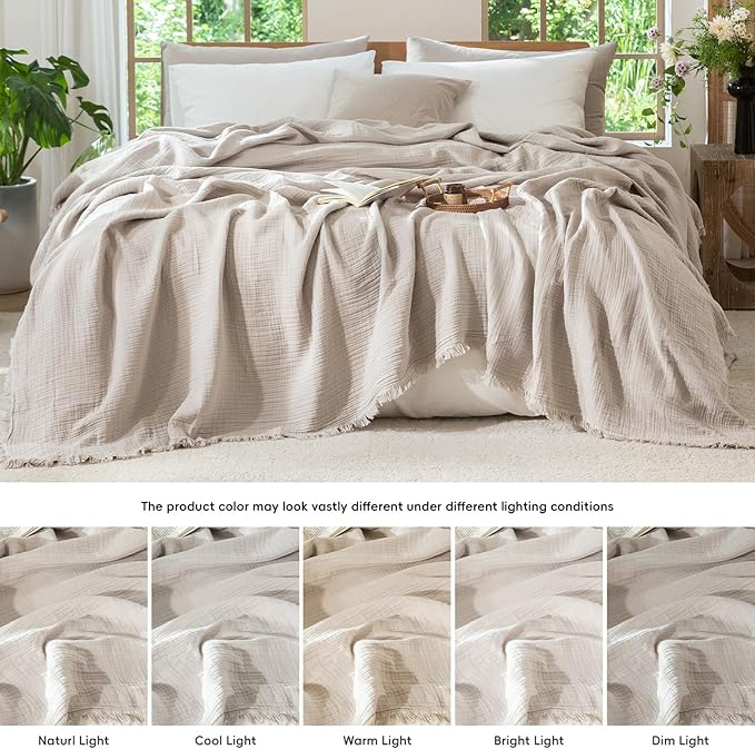 MooMee Muslin Blanket - 100% Cotton 4-Layer Gauze Throw Blanket with All-Around Fringe, Ultra-Soft Breathable Lightweight Cooling Decorative for Bed, Sofa & Couch (Cream Grey,Twin XL 66" x 90")