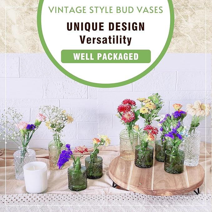Bud Vase Set of 6, Small Flower Vases for Decorative, Gradient Glass and Embossed Vintage Style Mini Bottles for Home Décor, Centerpiece 3.3"-5.2''H(Clear+Green)