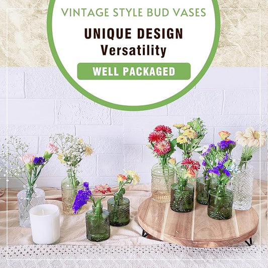 Bud Vase Set of 6, Small Flower Vases for Decorative, Gradient Glass and Embossed Vintage Style Mini Bottles for Home Décor, Centerpiece 3.3"-5.2''H(Clear+Green)