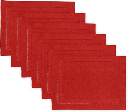 Solino Home Linen Cloth Placemats Set of 6-100% Pure Linen Hemstitch Red Placemats 14 x 19 Inch - Classic Hemstitch Table Place Mats for Valentines, Winter, New Year