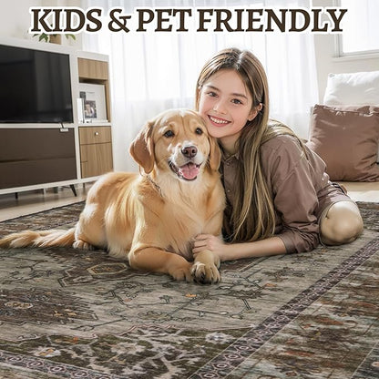 Tangsoo Washable Rug 4x6 Area Rug, Oriental Rug Indoor for Living Room, Non Slip Machine Washable Large Rugs, Soft Print Distressed Grey Carpet for Bedroom Dining Room Dorm Office