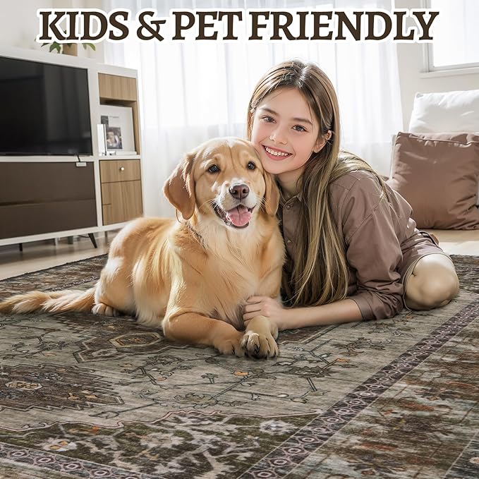 Tangsoo 5x7 Area Rug Washable Rug for Living Room, Vintage Indoor Non Slip Large Area Rugs, Print Distressed Carpet, Soft Low Pile Foldable Floor Rug for Bedroom Dining Room Dorm Grey