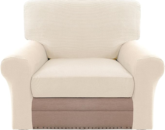 H.VERSAILTEX Multi-Pieces Chair Covers Stretch Couch Covers Form Fitted Seat and Back Cushions Covers (1 Seat Cover Plus 1 Back Cusion Cover, Bonus 2 Armrest Covers), Cream