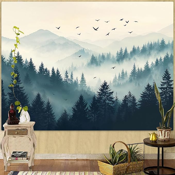Haibimen Forest Mountain Tapestry Wall Hanging Green Pine Tree Bird Nature Forest Tapestrise for Bedroom Morning Mist Aesthetics Wall Decor for Living Room Dorm (forest-2, 48''×36'')