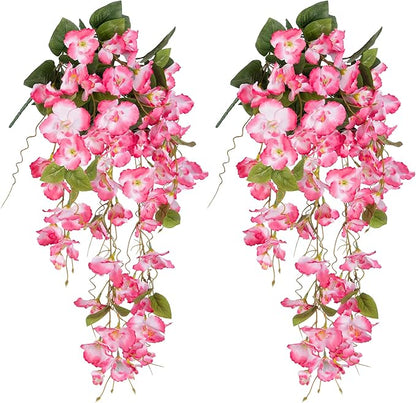 Fake Hibiscus Artificial Hanging Flowers Plants for Outdoors Spring Decoration, 2pcs Silk Hibiscus Vines Realistic UV Resistant Pink Faux Flowers for Outside Planter Porch Patio Yard Wedding Party Urn