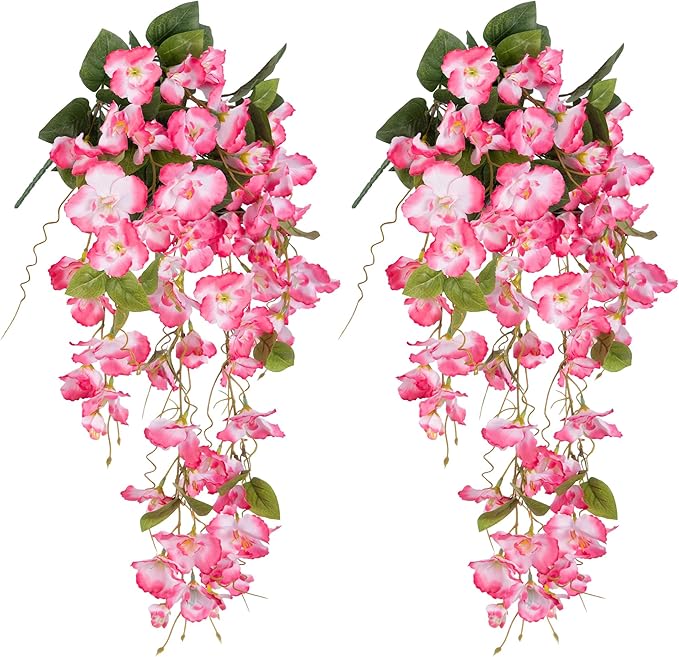 Fake Hibiscus Artificial Hanging Flowers Plants for Outdoors Spring Decoration, 4pcs Silk Hibiscus Vines Realistic UV Resistant Pink Faux Flowers for Outside Planter Porch Patio Yard Wedding Party Urn