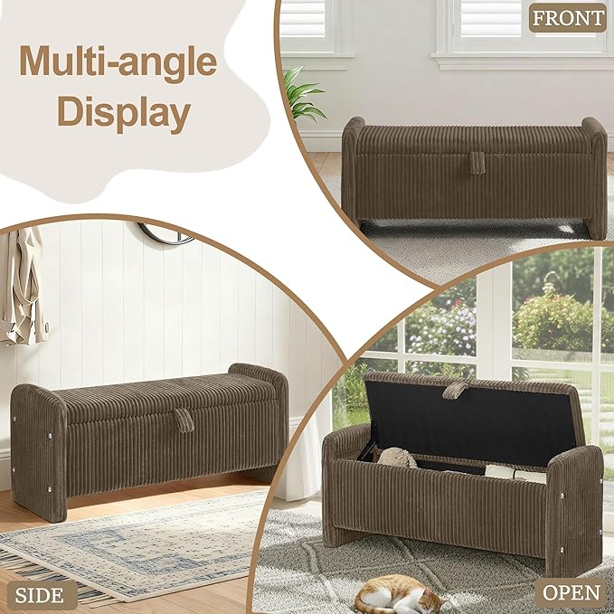 44" Storage Ottoman Bench, Upholstered End of Bed Storage Benches, Rectangle Ottoman with Storage for Bedroom, Entryway, Corduroy Brown