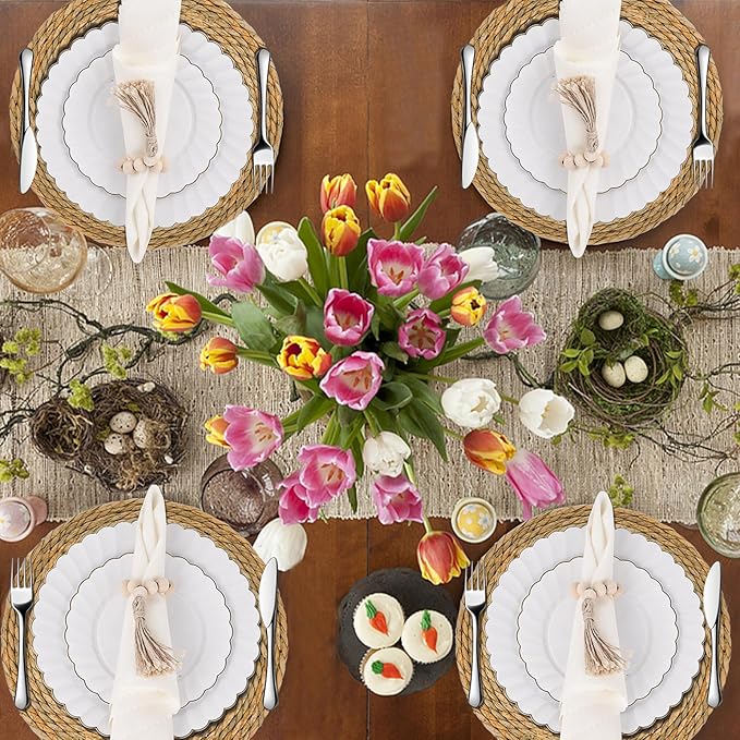 18 Pcs Boho Woven Placemats, Wood Bead Napkin Rings, and Dinner Cloth Napkins Set, 13" Handmade Round Wicker Farmhouse Rustic Placemats, Rattan Chargers for Dinner Plates for Thanksgiving Table Decor