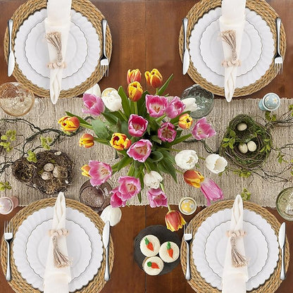 18 Pcs Boho Woven Placemats, Wood Bead Napkin Rings, and Dinner Cloth Napkins Set, 13" Handmade Round Wicker Farmhouse Rustic Placemats, Rattan Chargers for Dinner Plates for Thanksgiving Table Decor