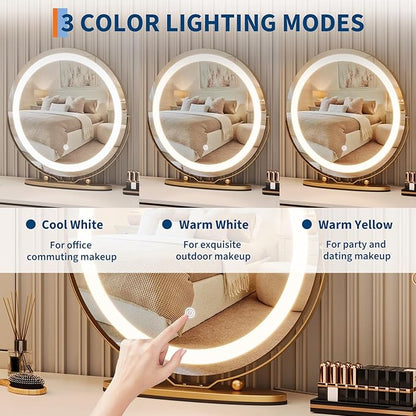 Garvee 19 in Vanity Mirror with Led Lights, Large Round Makeup Mirror with Touch Control and 3 Color Lighting Modes, Round Vanity Mirror for Bedroom, Tabletop, Living Room, Easy to Install, Gold