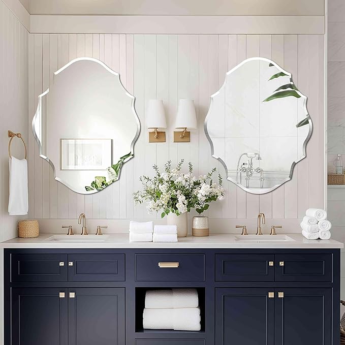 Frameless Scalloped Wall Mirror: Decorative Scallop Oval Mirrored Glass Vanity with Beveled Silver Edge for Bathroom Bedroom Livingroom Dining Room Entryway Hallway, 32 x 25 inch