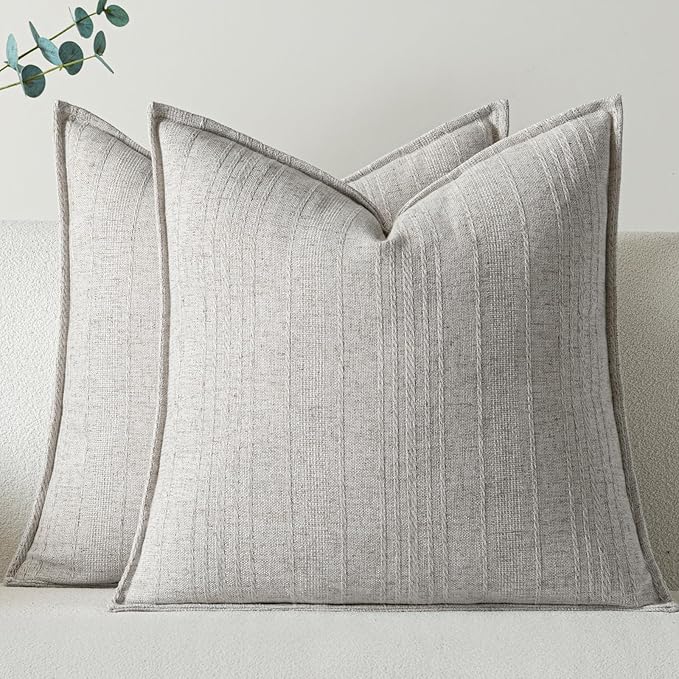 a moment Linen Pillow Covers Set of 2,Boho Farmhouse Throw Pillowcases Neutral Textured Decorative Covers for Couch Sofa Bed, Soft Linen Blend Accent Case Cushion Home Decor 20"x20" Beige Grey