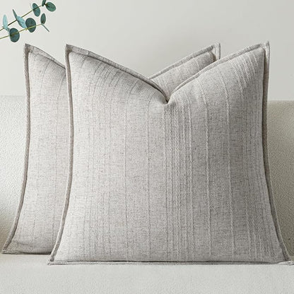 a moment Linen Pillow Covers Set of 2,Boho Farmhouse Throw Pillowcases Neutral Textured Decorative Covers for Couch Sofa, Linen Blend Accent Case Cushion Living Room Home Decor 22"x22" Beige Grey