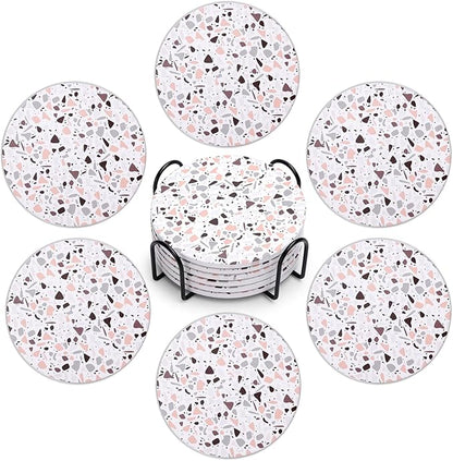 Acejoz Drink Coasters with Holder, Set of 6, Terrazzo Pattern, Ceramic, Round, 4 Inches