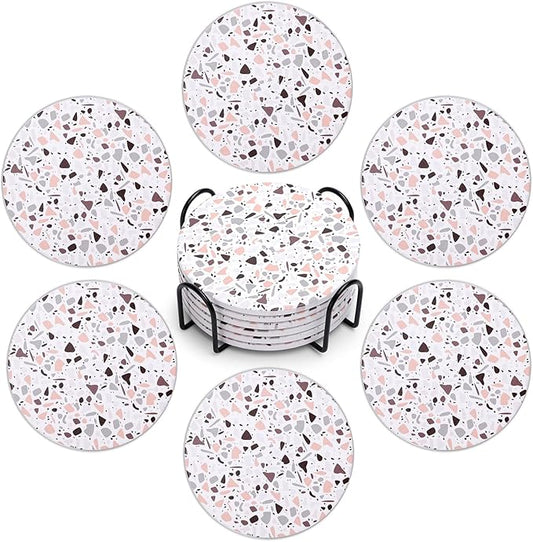 Acejoz Drink Coasters with Holder, Set of 6, Terrazzo Pattern, Ceramic, Round, 4 Inches