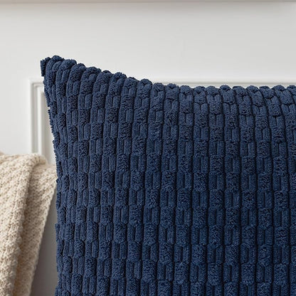 Kevin Textile 14x22 Inch Pillow Cover 1 Pack Boho Decorative Soft Striped Corduroy Lumbar Farmhouse Color Accent Rectangle Cushion Case for Living Room Couch Sofa Bed, Navy Blue