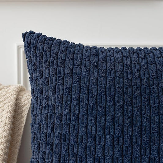 Kevin Textile 14x22 Inch Pillow Cover 1 Pack Boho Decorative Soft Striped Corduroy Lumbar Farmhouse Color Accent Rectangle Cushion Case for Living Room Couch Sofa Bed, Navy Blue