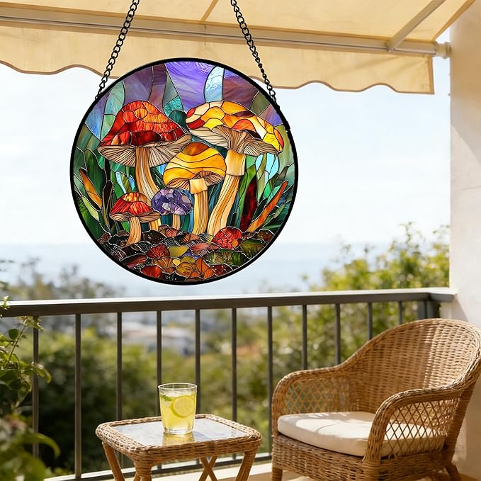 DASTOLL Stained Glass Window Hanging, Jungle Mushrooms Sun Catchers Diamond Glass Panel Hangings Plant Suncatcher Decor for Birthday for Women, Men, Wife, Aunt, and Mom 11.8x11.8 in