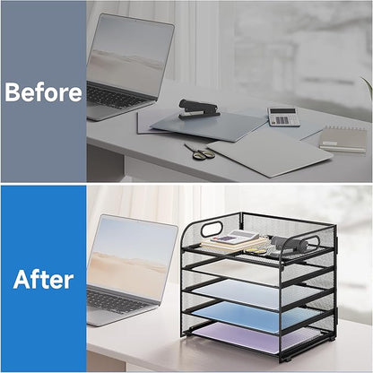 Paper Organizer Letter Tray with Handle Mesh 5 Trays Desk File Organizer Paper Sorter Desk Organizer for Office, Home or School-Black 2 Pack