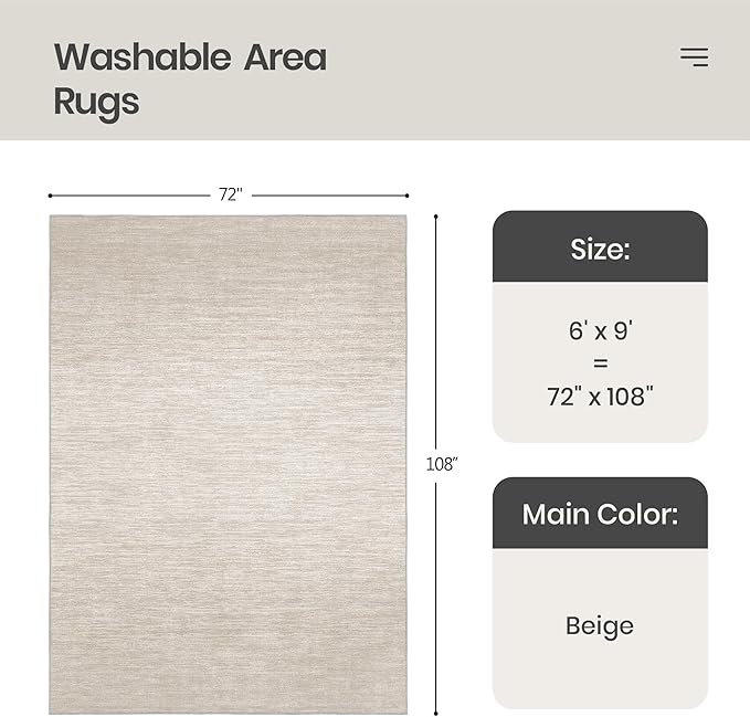 Valenrug Washable Rugs 6x9 - Stain Resistant 6x9 Area Rugs for Living Room, Non Slip Backing Gradient Printed Rugs for Bedroom, Foldable Machine Washable Area Rug(6'x9', Beige)